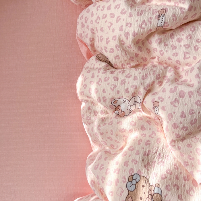 妖妖家纺  2026小清新软糯双层纱刺绣四件套 豹豹猫甜心粉-刺绣