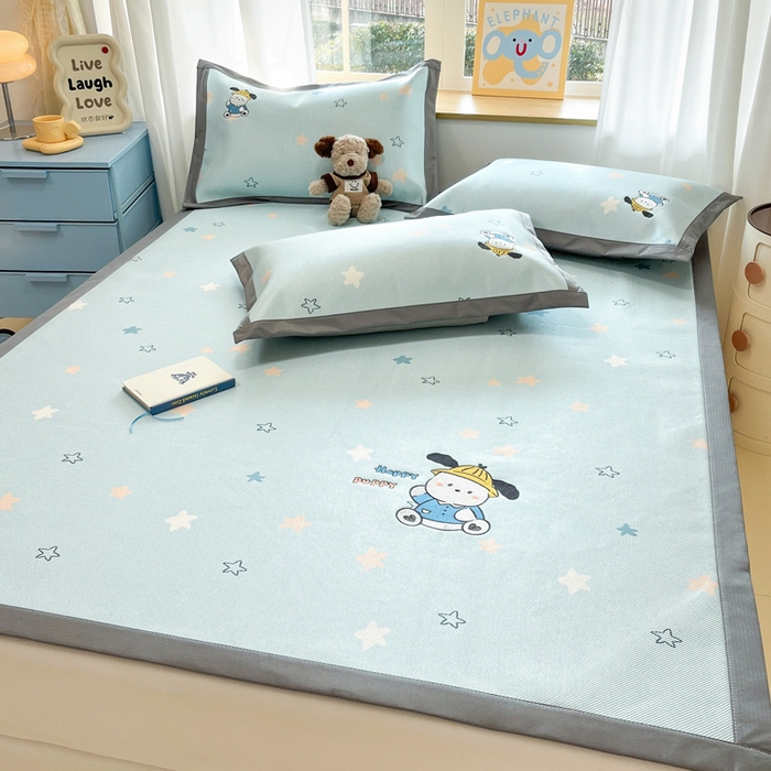 91家纺网 家纺一手货源 找家纺 雅居纺家纺 2026新款A类加厚三明治底绣花冰藤席床单款凉席席子 动感小狗