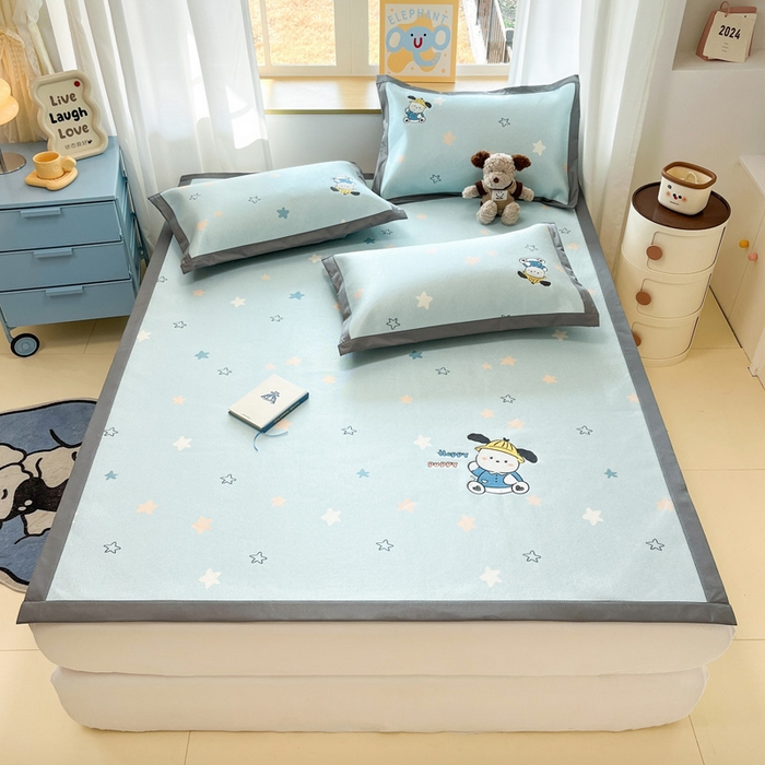 91家纺网 家纺一手货源 找家纺 雅居纺家纺 2026新款A类加厚三明治底绣花冰藤席床单款凉席席子 动感小狗