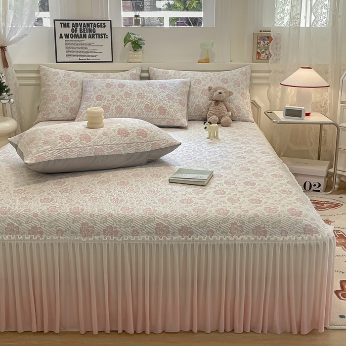 91家纺网 家纺一手货源 找家纺 雅居纺家纺 2026新款加厚三明治底床裙款凉感席凉席席子 梦幻-粉