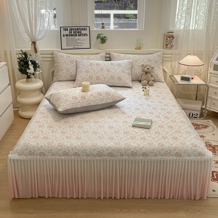 91家纺网 家纺一手货源 找家纺 雅居纺家纺 2026新款加厚三明治底床裙款凉感席凉席席子 梦幻-粉