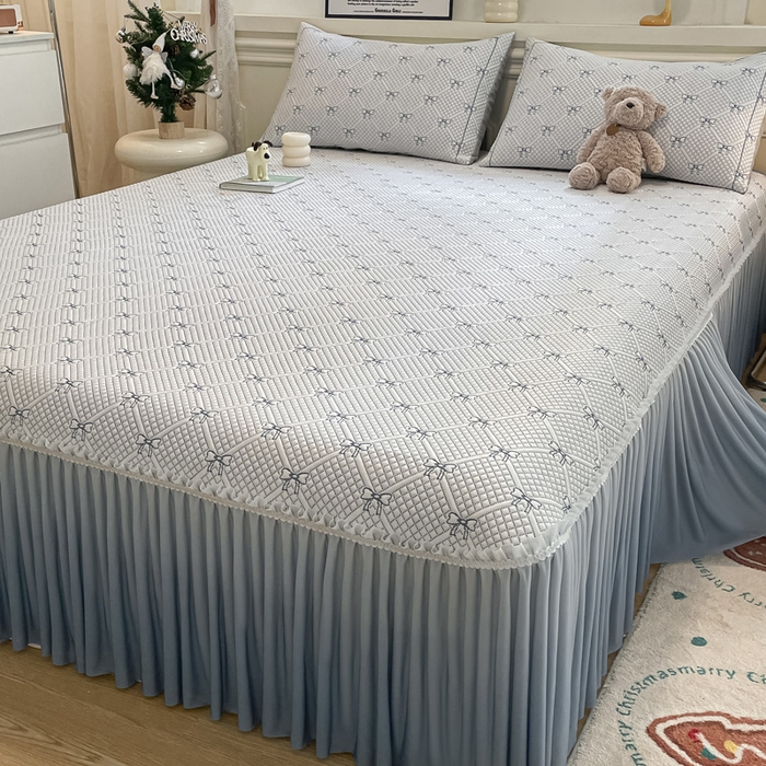 雅居纺家纺 2026新款加厚三明治底床裙款凉感席凉席席子 蝴蝶结爱恋-蓝