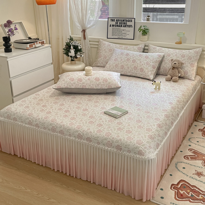 91家纺网 家纺一手货源 找家纺 雅居纺家纺 2026新款加厚三明治底床裙款凉感席凉席席子 梦幻-粉