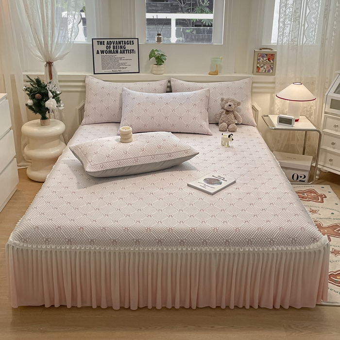 91家纺网 家纺一手货源 找家纺 雅居纺家纺 2026新款加厚三明治底床裙款凉感席凉席席子 蝴蝶结爱恋-粉