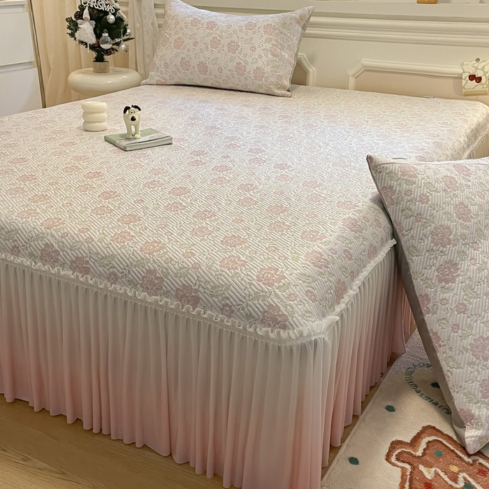 91家纺网 家纺一手货源 找家纺 雅居纺家纺 2026新款加厚三明治底床裙款凉感席凉席席子 梦幻-粉