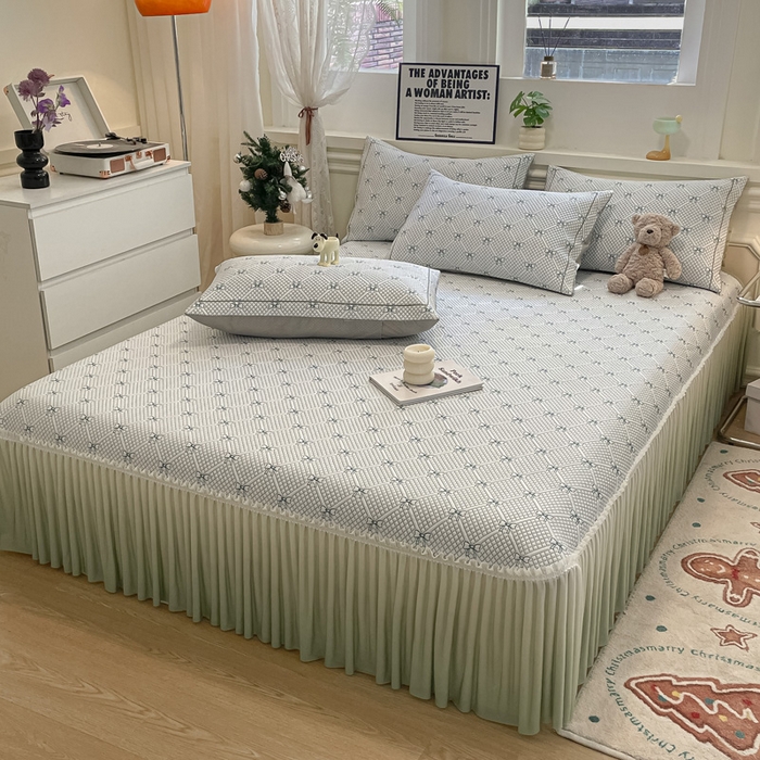 91家纺网 家纺一手货源 找家纺 雅居纺家纺 2026新款加厚三明治底床裙款凉感席凉席席子 蝴蝶结爱恋-绿