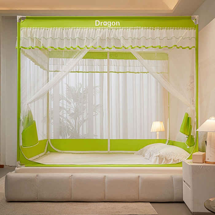 91家纺网 家纺一手货源 找家纺 梵希良品家纺 2026新款全底家用卧室坐床加密加厚支架全包围加粗大空间T+U防摔坐床蚊帐-漫语 漫语 果绿