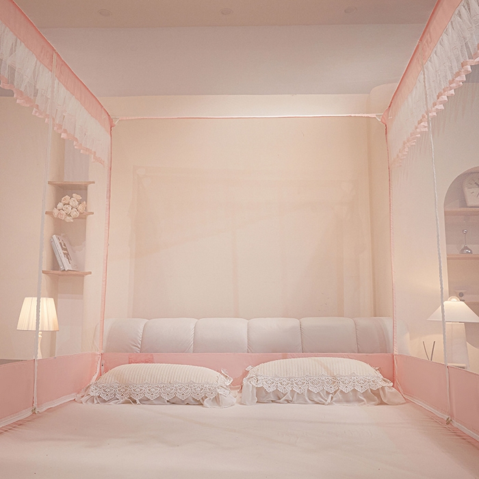 91家纺网 家纺一手货源 找家纺 梵希良品家纺 2026新款全底家用卧室坐床加密加厚支架全包围加粗大空间T+U防摔坐床蚊帐-漫语 漫语 柔粉