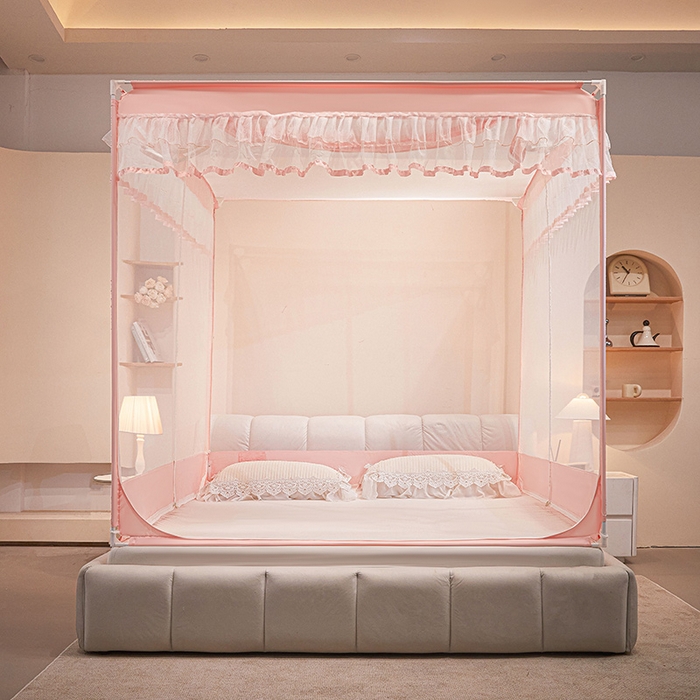 91家纺网 家纺一手货源 找家纺 梵希良品家纺 2026新款全底家用卧室坐床加密加厚支架全包围加粗大空间T+U防摔坐床蚊帐-漫语 漫语 柔粉