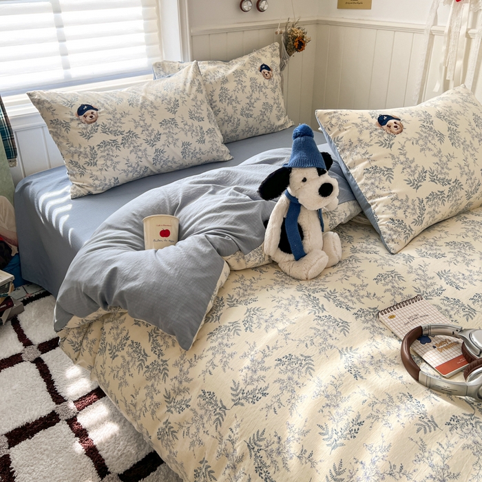 91家纺网 家纺一手货源 找家纺 妖妖家纺  2026小清新软糯双层纱刺绣四件套 春游泰迪熊-刺绣