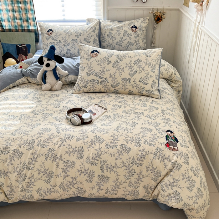 91家纺网 家纺一手货源 找家纺 妖妖家纺  2026小清新软糯双层纱刺绣四件套 春游泰迪熊-刺绣