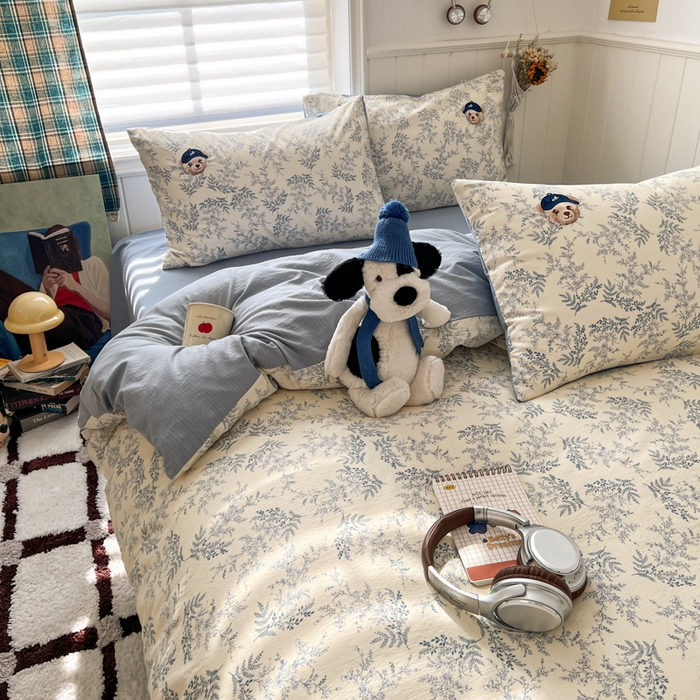 91家纺网 家纺一手货源 找家纺 妖妖家纺  2026小清新软糯双层纱刺绣四件套 春游泰迪熊-刺绣