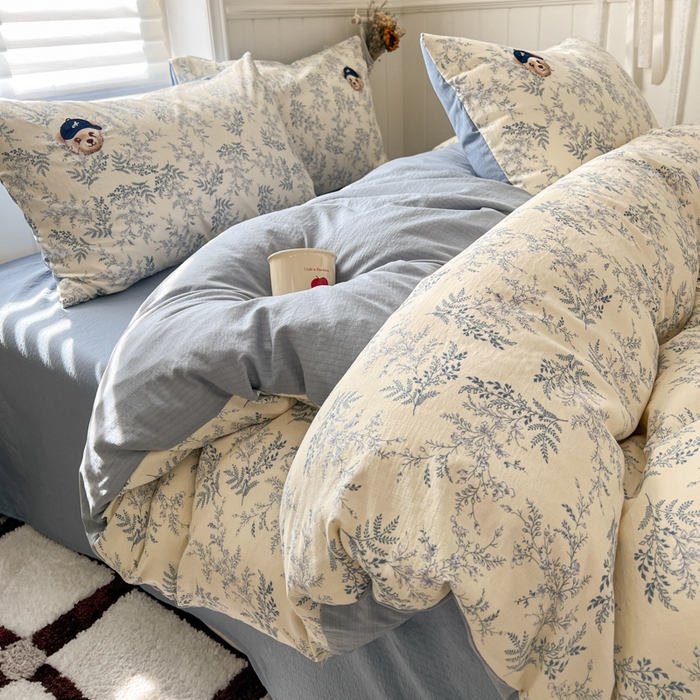 91家纺网 家纺一手货源 找家纺 妖妖家纺  2026小清新软糯双层纱刺绣四件套 春游泰迪熊-刺绣