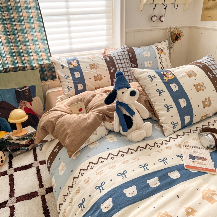 91家纺网 家纺一手货源 找家纺 妖妖家纺  2026小清新软糯双层纱刺绣四件套 费尔岛小熊-刺绣