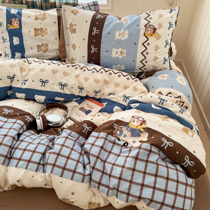 91家纺网 家纺一手货源 找家纺 妖妖家纺  2026小清新软糯双层纱刺绣四件套 费尔岛小熊-刺绣