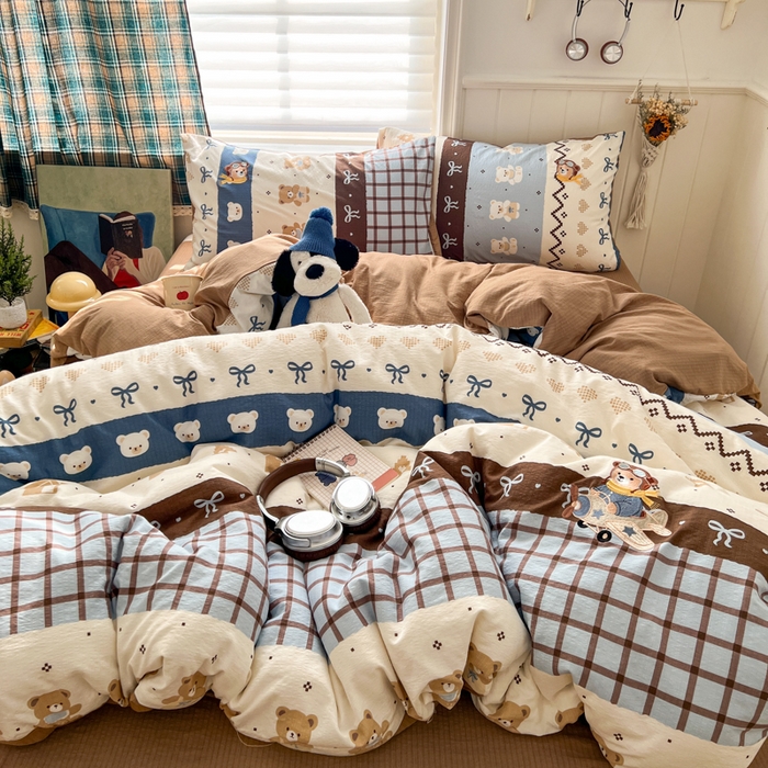 91家纺网 家纺一手货源 找家纺 妖妖家纺  2026小清新软糯双层纱刺绣四件套 费尔岛小熊-刺绣