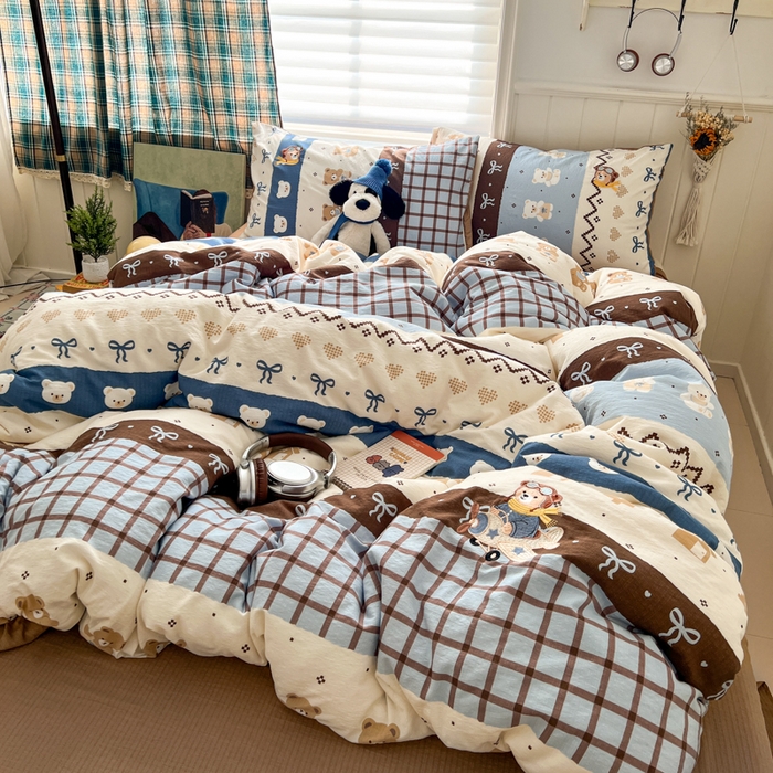 91家纺网 家纺一手货源 找家纺 妖妖家纺  2026小清新软糯双层纱刺绣四件套 费尔岛小熊-刺绣