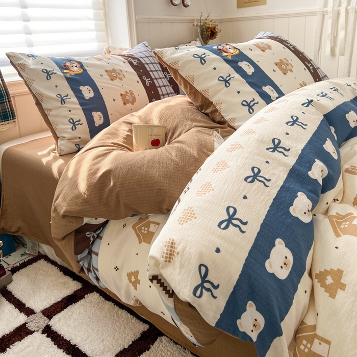 91家纺网 家纺一手货源 找家纺 妖妖家纺  2026小清新软糯双层纱刺绣四件套 费尔岛小熊-刺绣