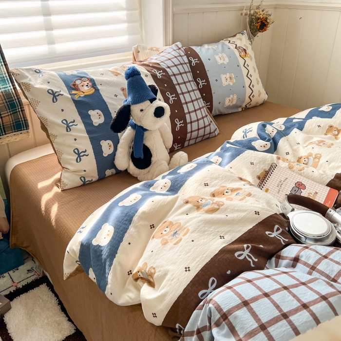 91家纺网 家纺一手货源 找家纺 妖妖家纺  2026小清新软糯双层纱刺绣四件套 费尔岛小熊-刺绣