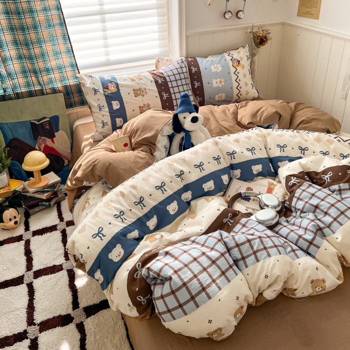 91家纺网 家纺一手货源 找家纺 妖妖家纺  2026小清新软糯双层纱刺绣四件套 费尔岛小熊-刺绣