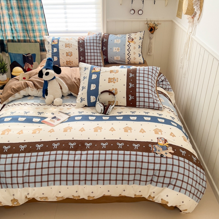 91家纺网 家纺一手货源 找家纺 妖妖家纺  2026小清新软糯双层纱刺绣四件套 费尔岛小熊-刺绣