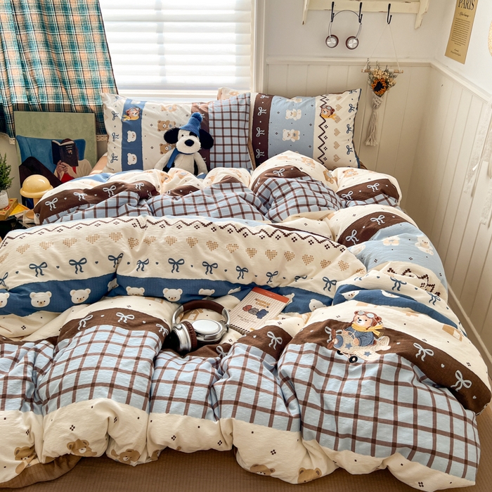 91家纺网 家纺一手货源 找家纺 妖妖家纺  2026小清新软糯双层纱刺绣四件套 费尔岛小熊-刺绣