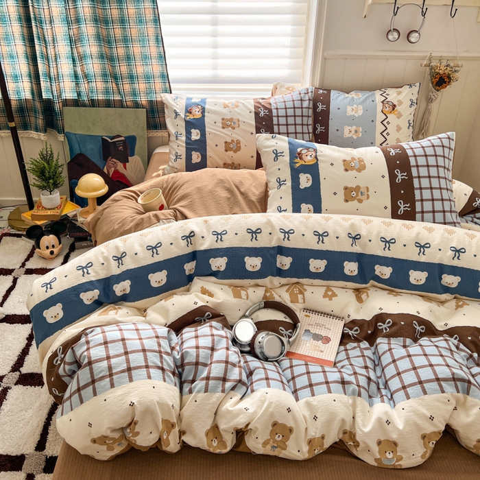 91家纺网 家纺一手货源 找家纺 妖妖家纺  2026小清新软糯双层纱刺绣四件套 费尔岛小熊-刺绣