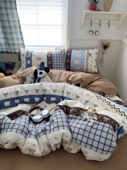 91家纺网 家纺一手货源 找家纺 妖妖家纺  2026小清新软糯双层纱刺绣四件套 费尔岛小熊-刺绣