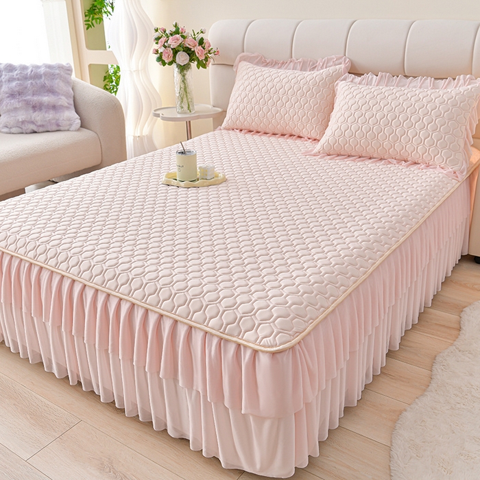 91家纺网 家纺一手货源 找家纺 畅畅家纺 2026新款夏季凉感丝足球花纯色凉席席子三件套夏被四件套 足球花-香妃粉