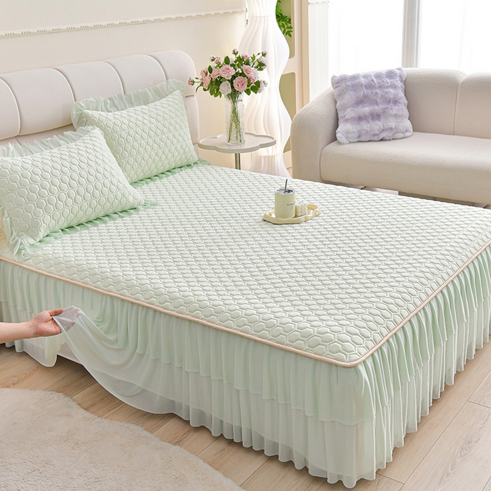 91家纺网 家纺一手货源 找家纺 畅畅家纺 2026新款夏季凉感丝足球花纯色凉席席子三件套夏被四件套 足球花-清新绿