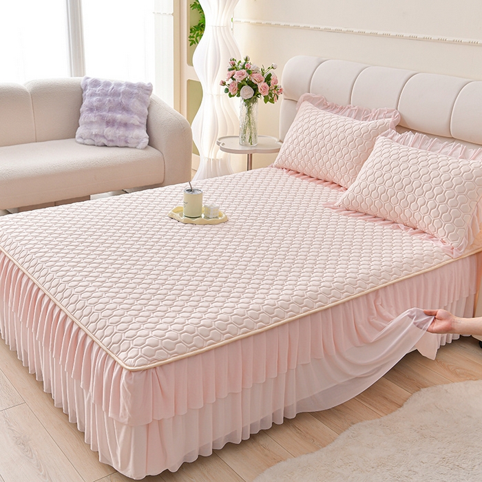 91家纺网 家纺一手货源 找家纺 畅畅家纺 2026新款夏季凉感丝足球花纯色凉席席子三件套夏被四件套 足球花-香妃粉