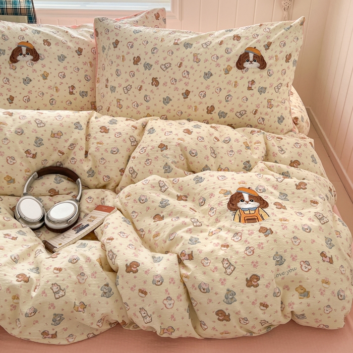 91家纺网 家纺一手货源 找家纺 妖妖家纺  2026小清新软糯双层纱刺绣四件套 狗狗侦探-刺绣