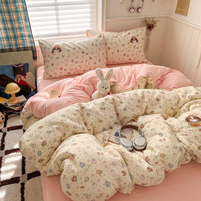 91家纺网 家纺一手货源 找家纺 妖妖家纺  2026小清新软糯双层纱刺绣四件套 狗狗侦探-刺绣