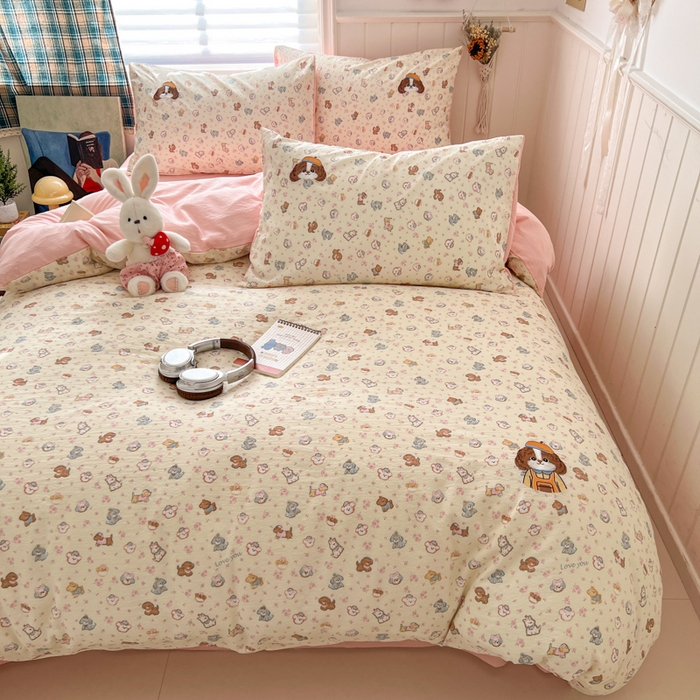 91家纺网 家纺一手货源 找家纺 妖妖家纺  2026小清新软糯双层纱刺绣四件套 狗狗侦探-刺绣