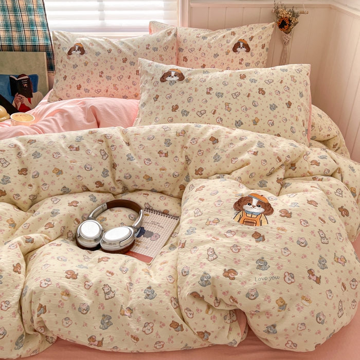 91家纺网 家纺一手货源 找家纺 妖妖家纺  2026小清新软糯双层纱刺绣四件套 狗狗侦探-刺绣