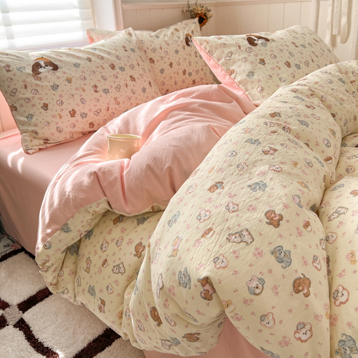 91家纺网 家纺一手货源 找家纺 妖妖家纺  2026小清新软糯双层纱刺绣四件套 狗狗侦探-刺绣