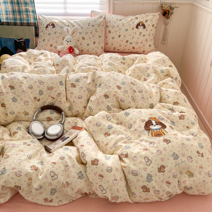 91家纺网 家纺一手货源 找家纺 妖妖家纺  2026小清新软糯双层纱刺绣四件套 狗狗侦探-刺绣