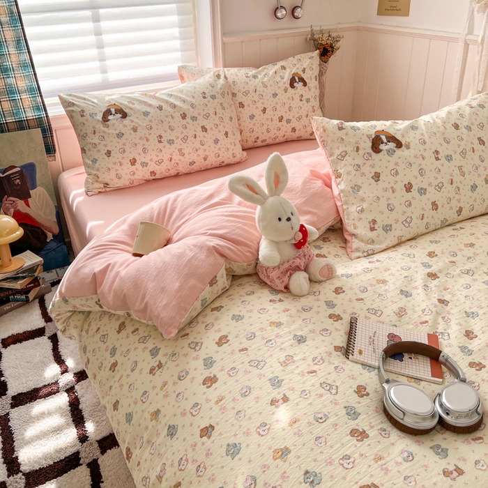 91家纺网 家纺一手货源 找家纺 妖妖家纺  2026小清新软糯双层纱刺绣四件套 狗狗侦探-刺绣