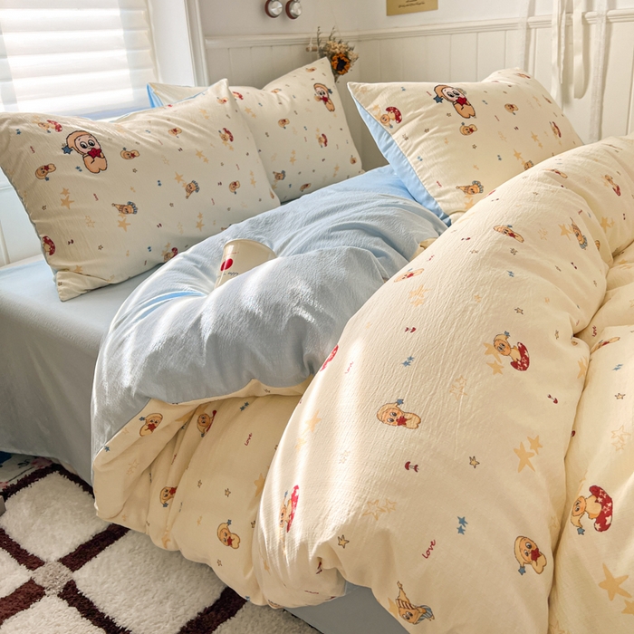 91家纺网 家纺一手货源 找家纺 妖妖家纺  2026小清新软糯双层纱刺绣四件套 俏皮星星人-刺绣