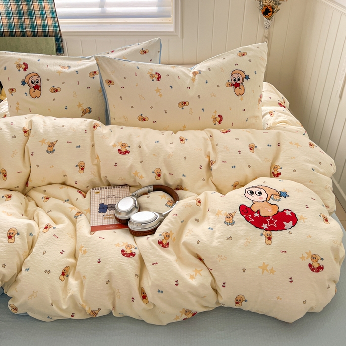 91家纺网 家纺一手货源 找家纺 妖妖家纺  2026小清新软糯双层纱刺绣四件套 俏皮星星人-刺绣