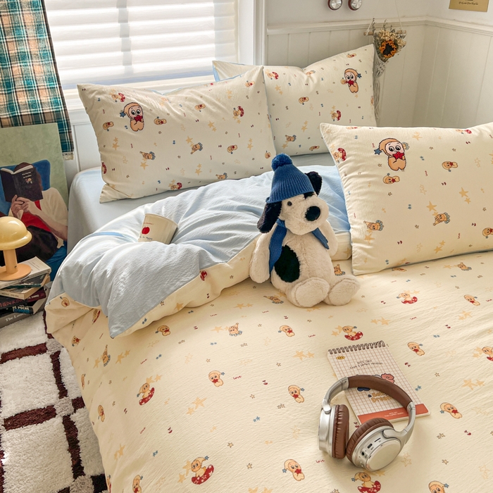 91家纺网 家纺一手货源 找家纺 妖妖家纺  2026小清新软糯双层纱刺绣四件套 俏皮星星人-刺绣