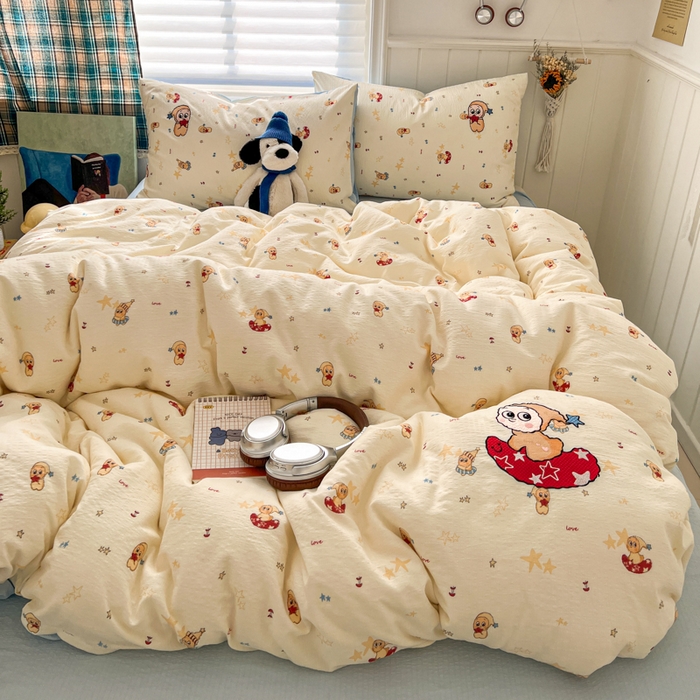 91家纺网 家纺一手货源 找家纺 妖妖家纺  2026小清新软糯双层纱刺绣四件套 俏皮星星人-刺绣