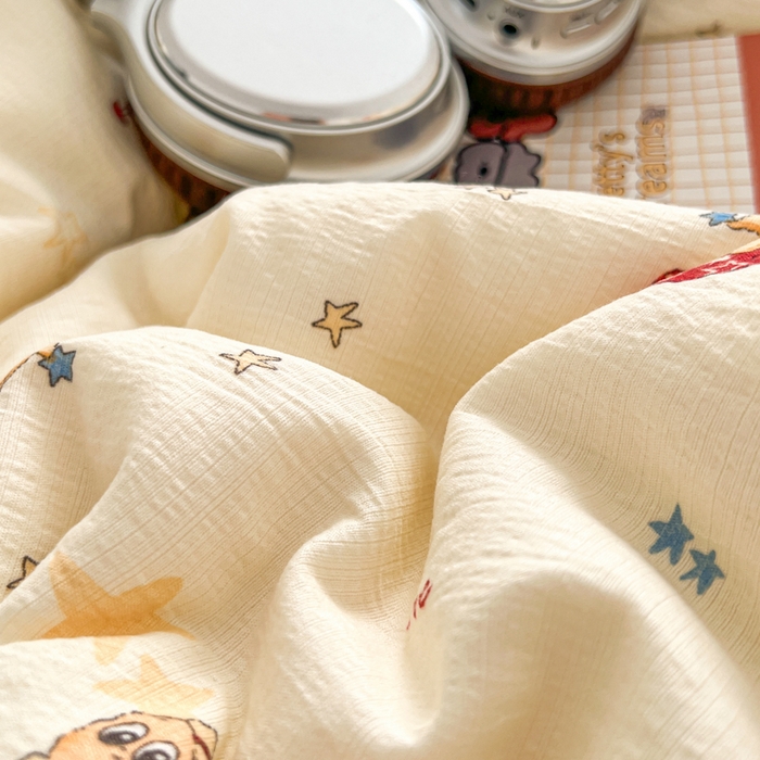 91家纺网 家纺一手货源 找家纺 妖妖家纺  2026小清新软糯双层纱刺绣四件套 俏皮星星人-刺绣