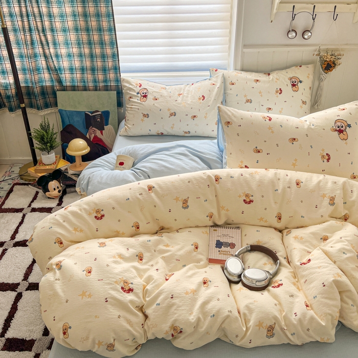 91家纺网 家纺一手货源 找家纺 妖妖家纺  2026小清新软糯双层纱刺绣四件套 俏皮星星人-刺绣