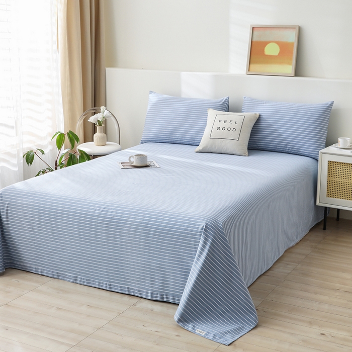 91家纺网 家纺一手货源 找家纺 大元 2026新款全棉纯棉老粗布凉席席子单床单 床单单件 条纹蓝