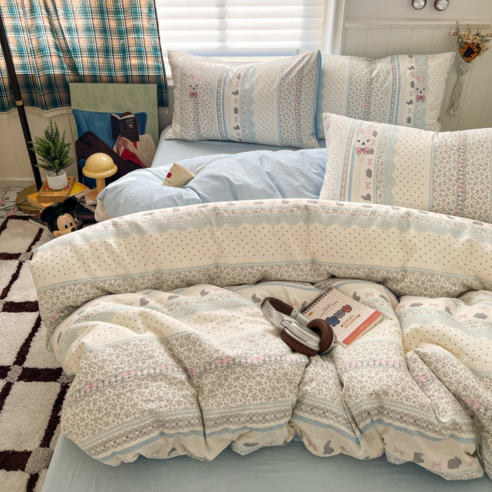 91家纺网 家纺一手货源 找家纺 妖妖家纺  2026小清新软糯双层纱刺绣四件套 甜美兔兔-刺绣