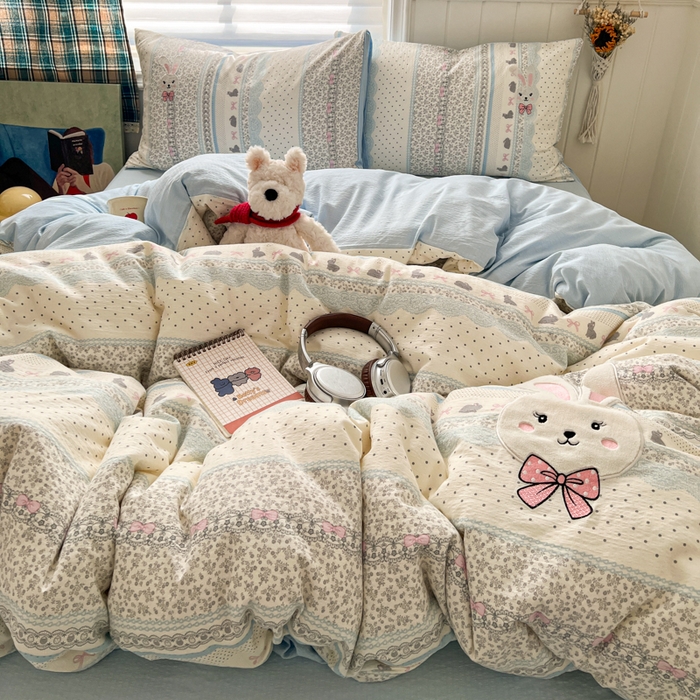 91家纺网 家纺一手货源 找家纺 妖妖家纺  2026小清新软糯双层纱刺绣四件套 甜美兔兔-刺绣