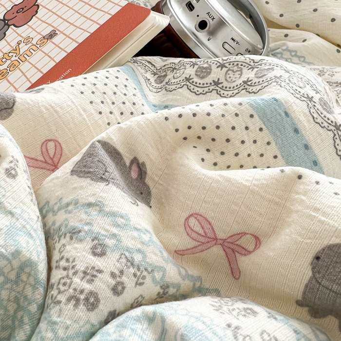 91家纺网 家纺一手货源 找家纺 妖妖家纺  2026小清新软糯双层纱刺绣四件套 甜美兔兔-刺绣