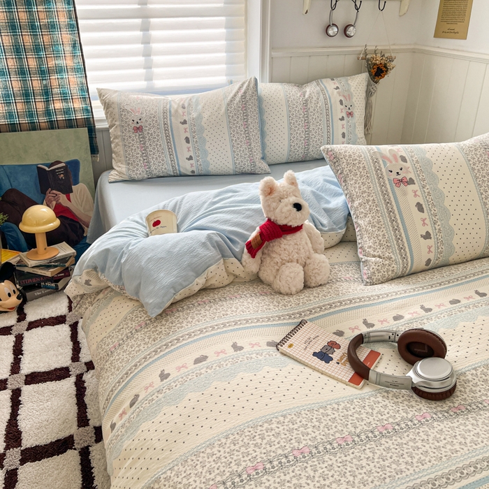 91家纺网 家纺一手货源 找家纺 妖妖家纺  2026小清新软糯双层纱刺绣四件套 甜美兔兔-刺绣