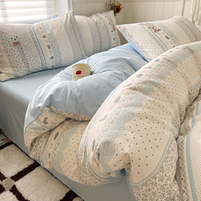 91家纺网 家纺一手货源 找家纺 妖妖家纺  2026小清新软糯双层纱刺绣四件套 甜美兔兔-刺绣